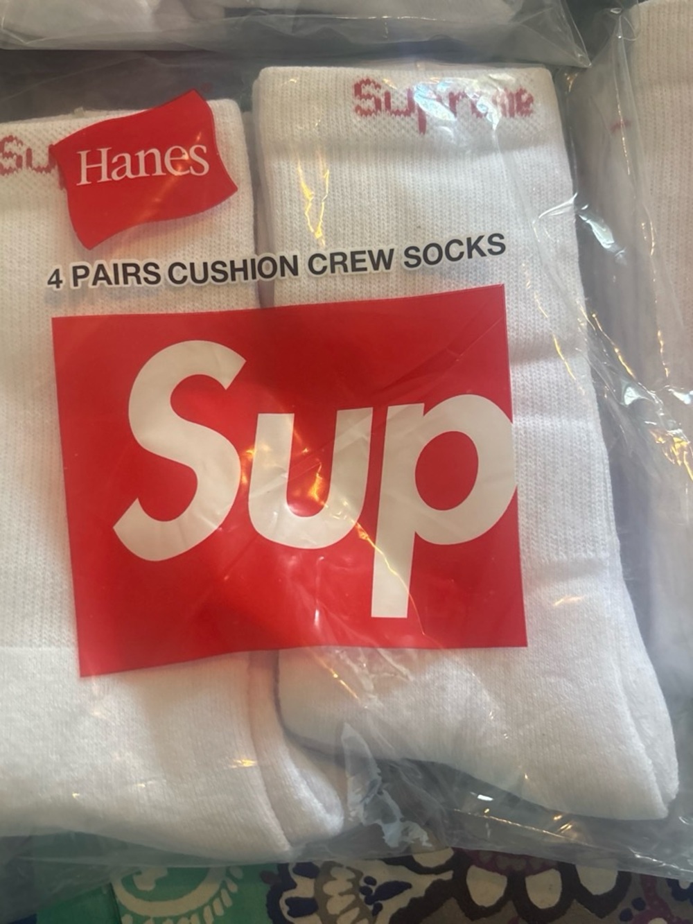 Hanes White Crew Cushion Socks with Red Logo - 4 Pair Pack